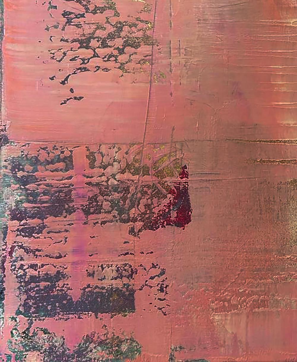 Abstract acrylic painting Tenderness in my eyes by Olga Melezhik, pink rose gold green textures