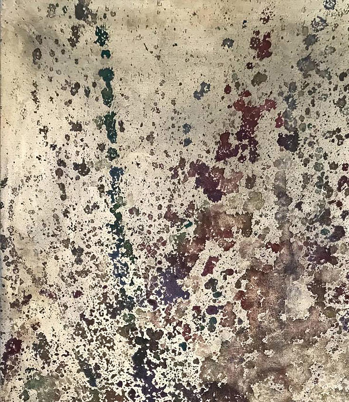 Abstract acrylic painting Think with your body by Olga Melezhik, teal and burgundy splatters