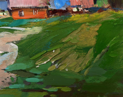 Vibrant green and yellow impressionistic village on hills by Yuriy Suprunchuk oil painting