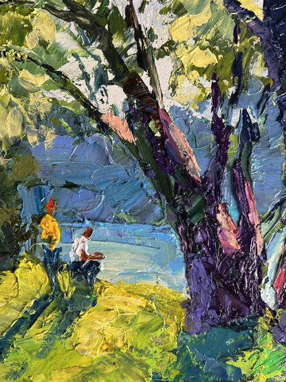 Oil painting Relaxing on the river by Boris Serdyuk with vibrant green foliage