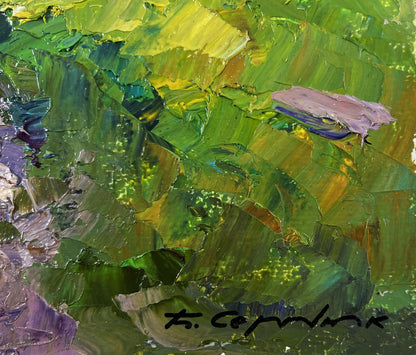Oil painting of stone road to mountains by Boris Serdyuk, textured green yellow brushstrokes