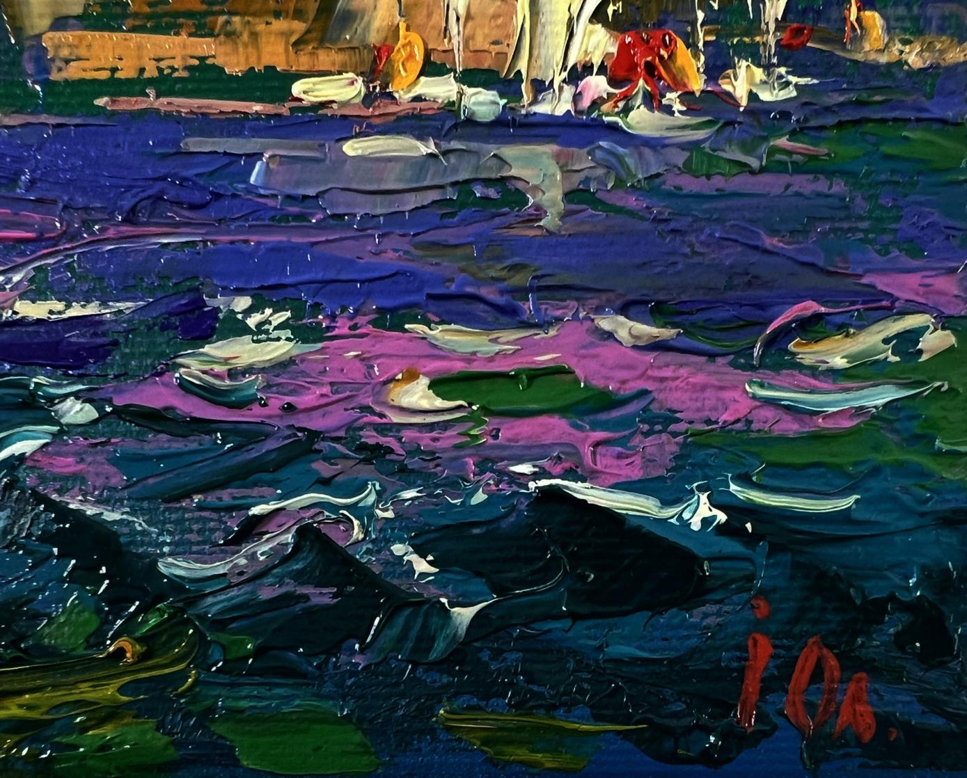 Vibrant impressionist harbor by Oleksiy Ivanyuk, Summer river breeze oil painting