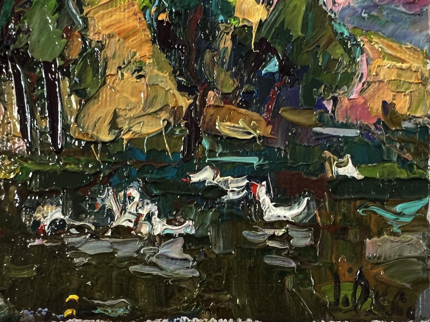Impasto oil painting Over the River by Oksana Ivanyuk with swans