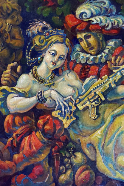 Oil painting by Florence Daniil Litvinov of woman in red gold attire