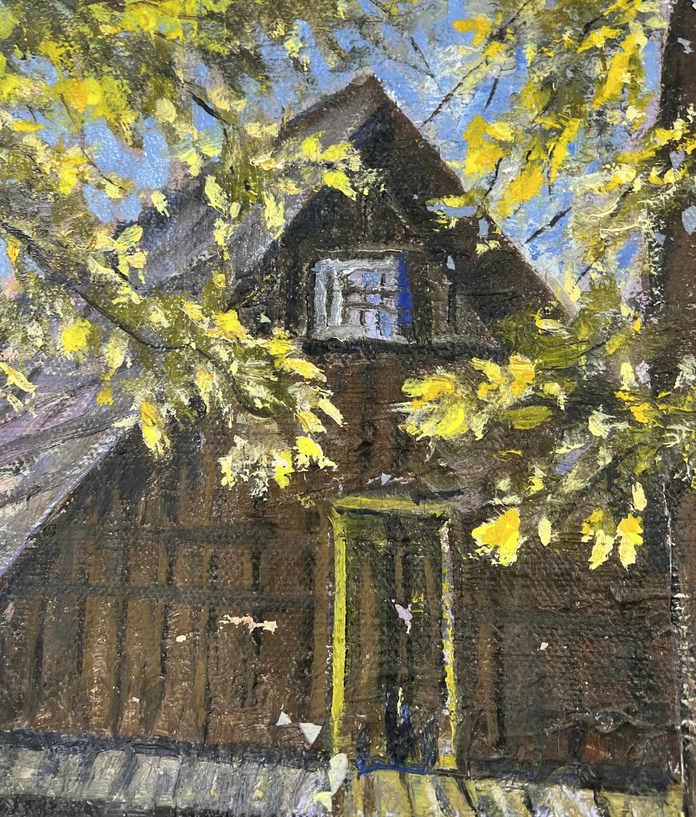 Oil painting The silence of the village yard by Fedor Konev: rustic house under autumn leaves