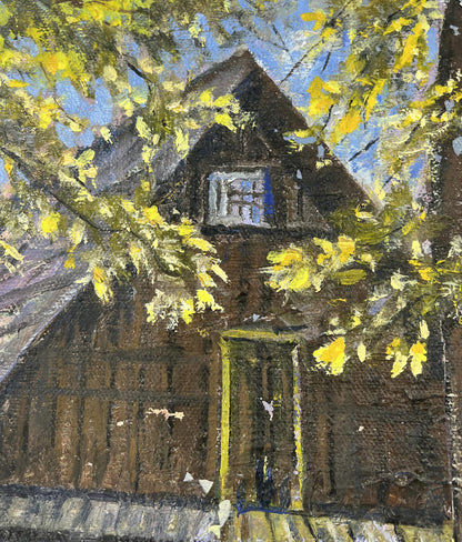 Oil painting The silence of the village yard by Fedor Konev: rustic house under autumn leaves