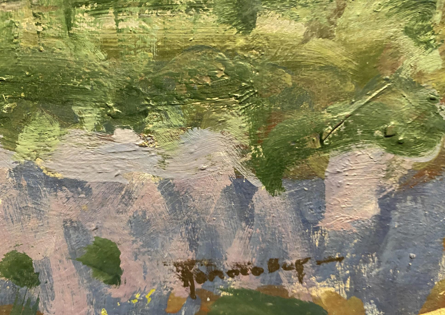 Oil painting White houses by Georgy Kolosovsky textured green blue brushstrokes