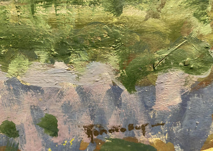 Oil painting White houses by Georgy Kolosovsky textured green blue brushstrokes