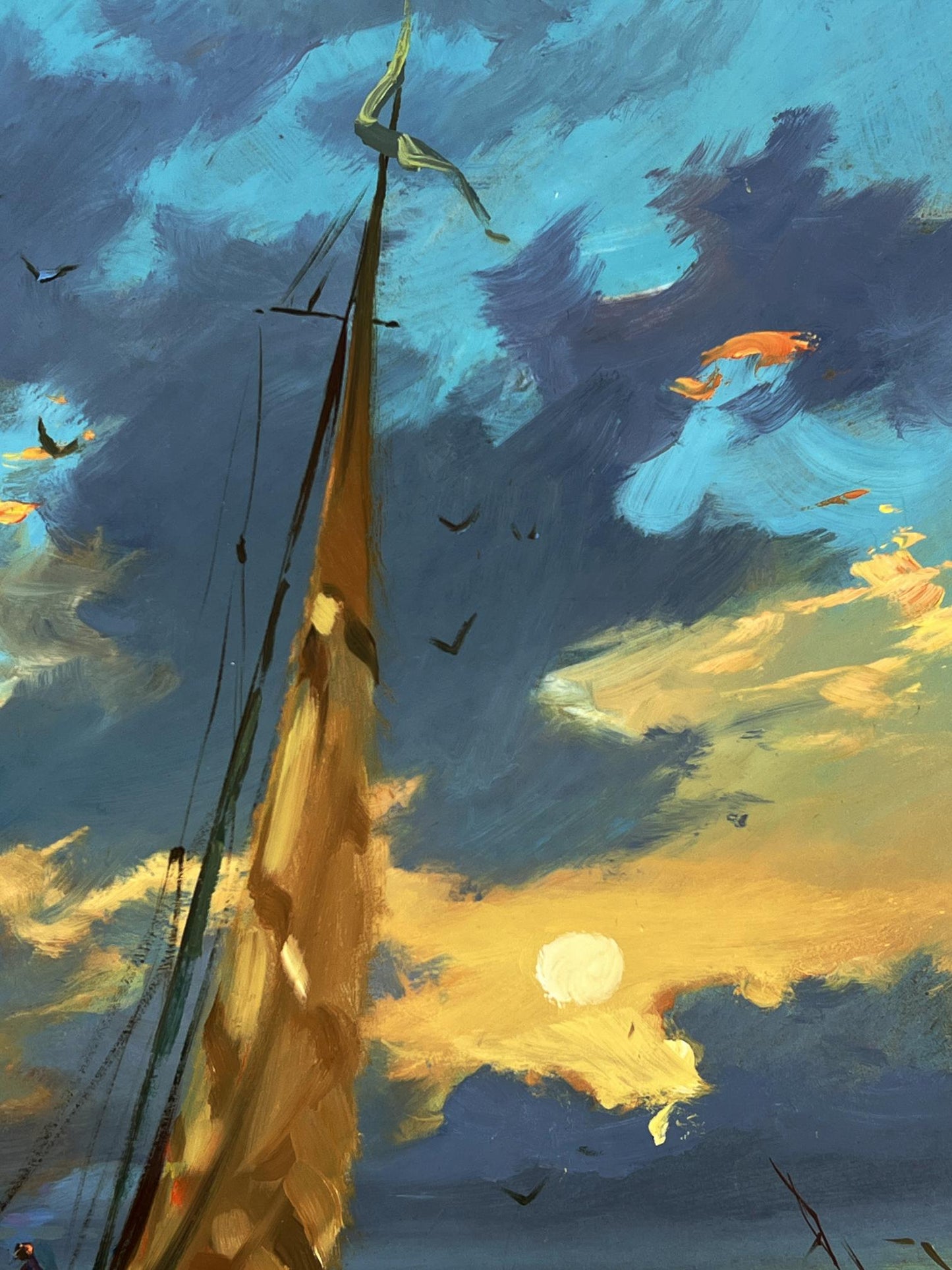 Oil painting of tall golden-brown sailboat mast at sunset by Yuriy Suprunchuk