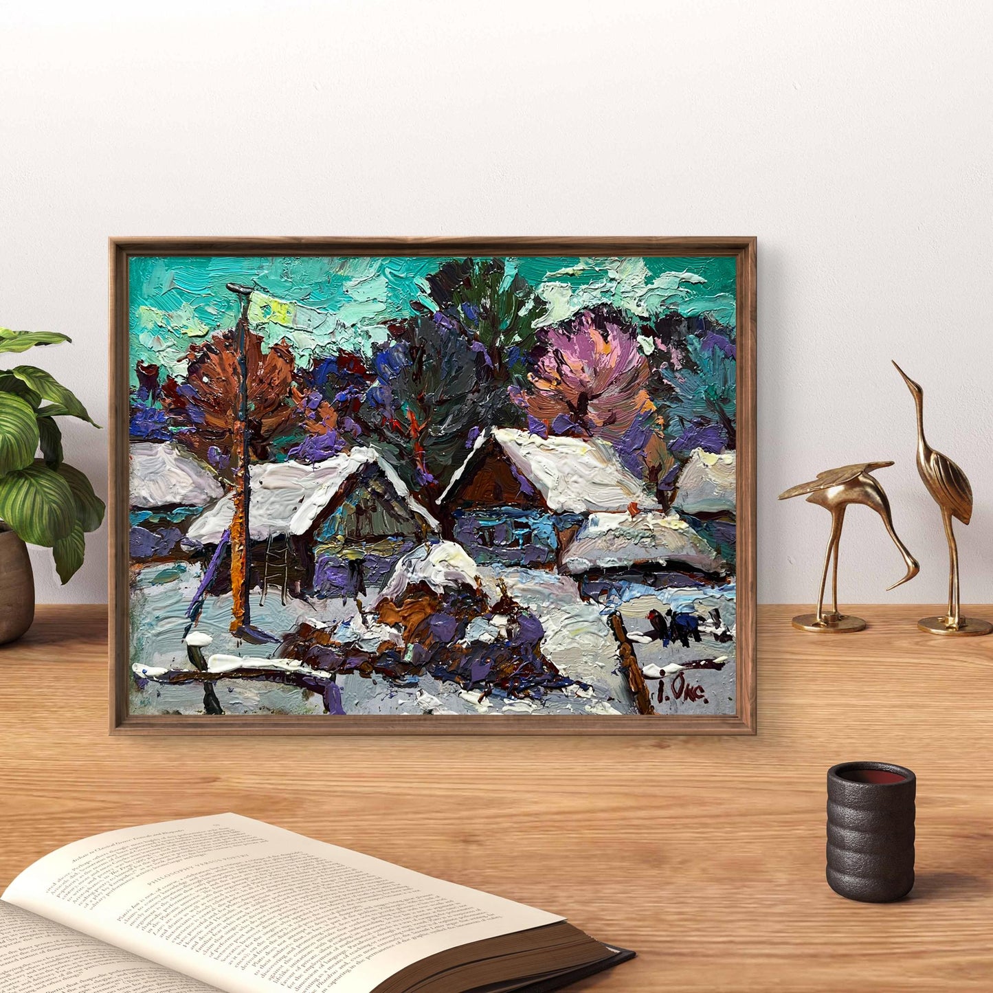 Framed impressionist oil painting of snowy yard by Oksana Ivanyuk