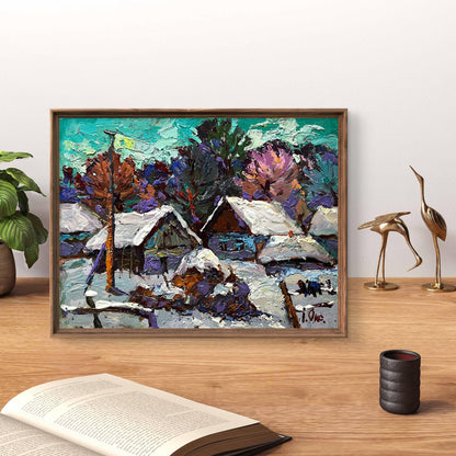 Framed impressionist oil painting of snowy yard by Oksana Ivanyuk