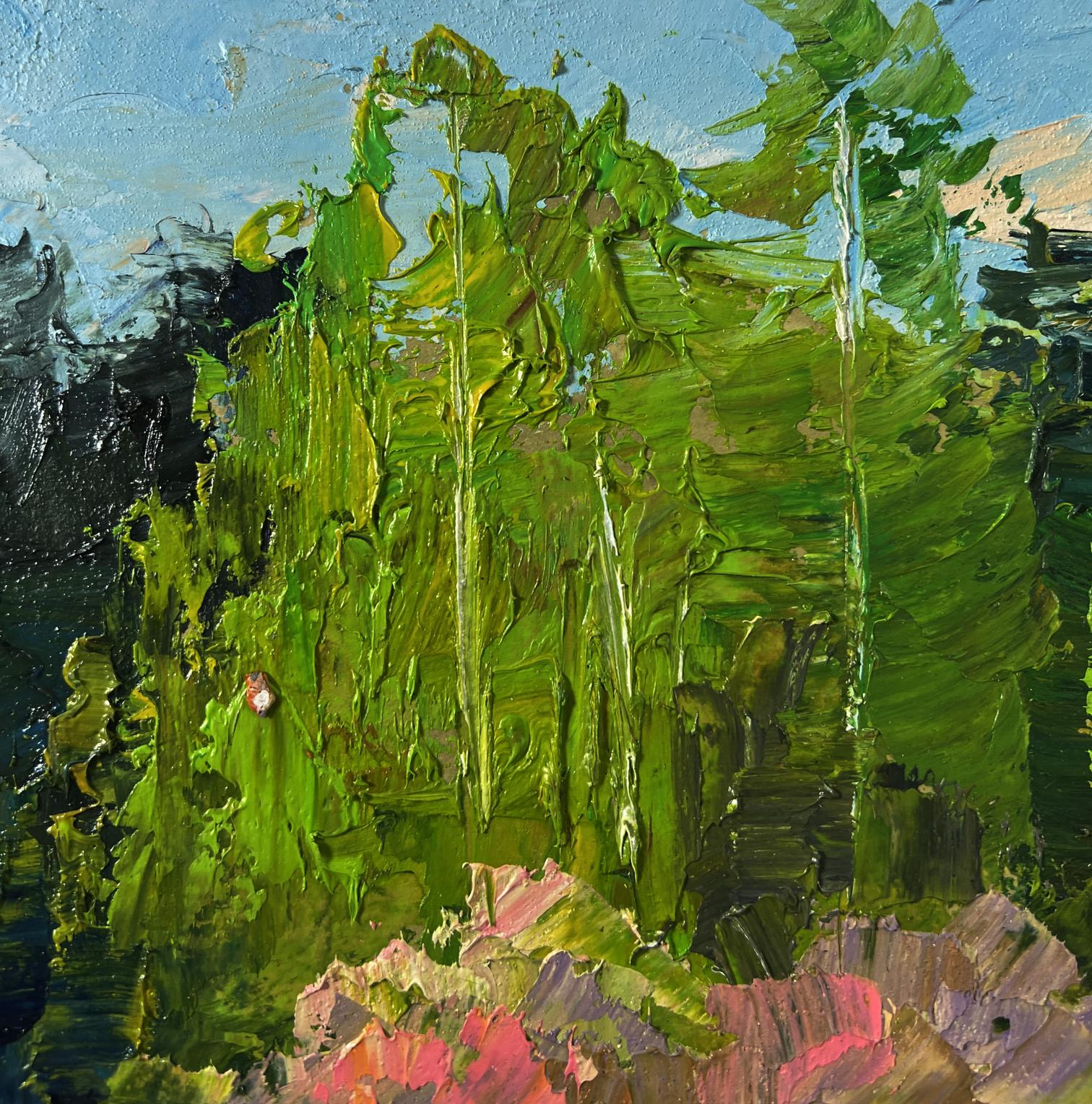 Oil painting Spring Lake in the Forest by Boris Serdyuk with lush green foliage