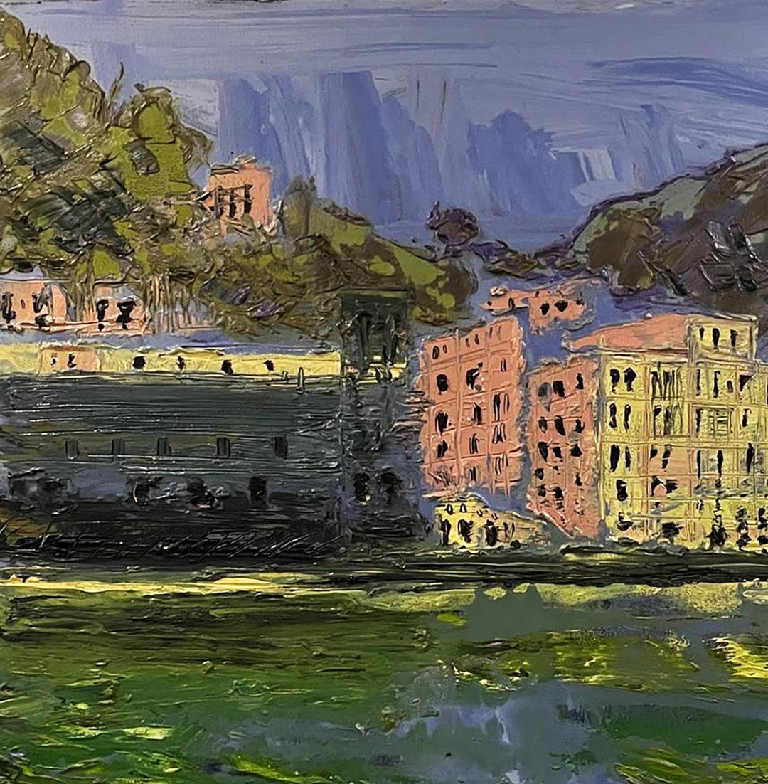 Vibrant impasto oil painting Sobre Natureza Serhiy Kovalev coastal town hills