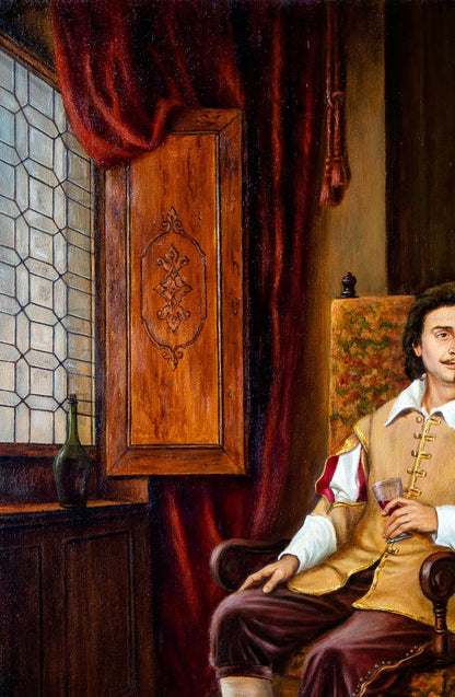 Oil painting In anticipation by Valeriy Bulat: elegant man in gold vest with wine