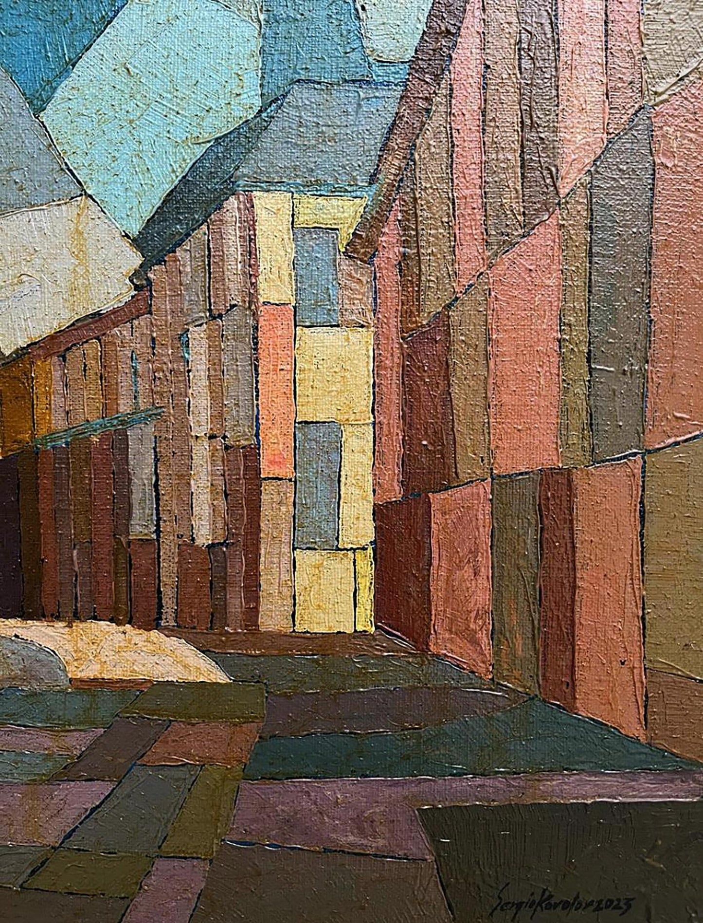 Oil painting City Square by Serhiy Kovalev with bold geometric shapes