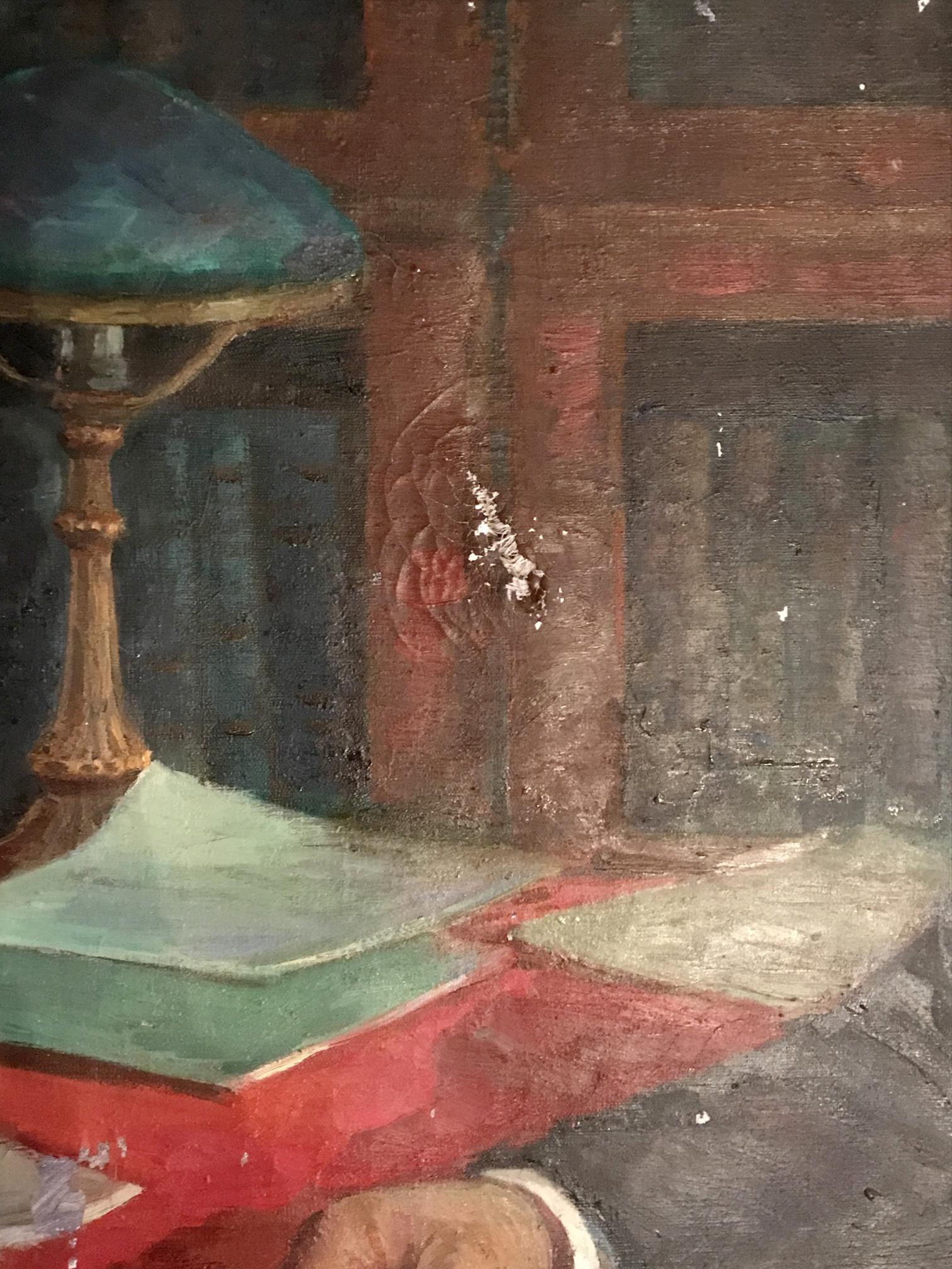 Vintage teal glass table lamp on Fedor Zagorodnyuk Lenin oil painting