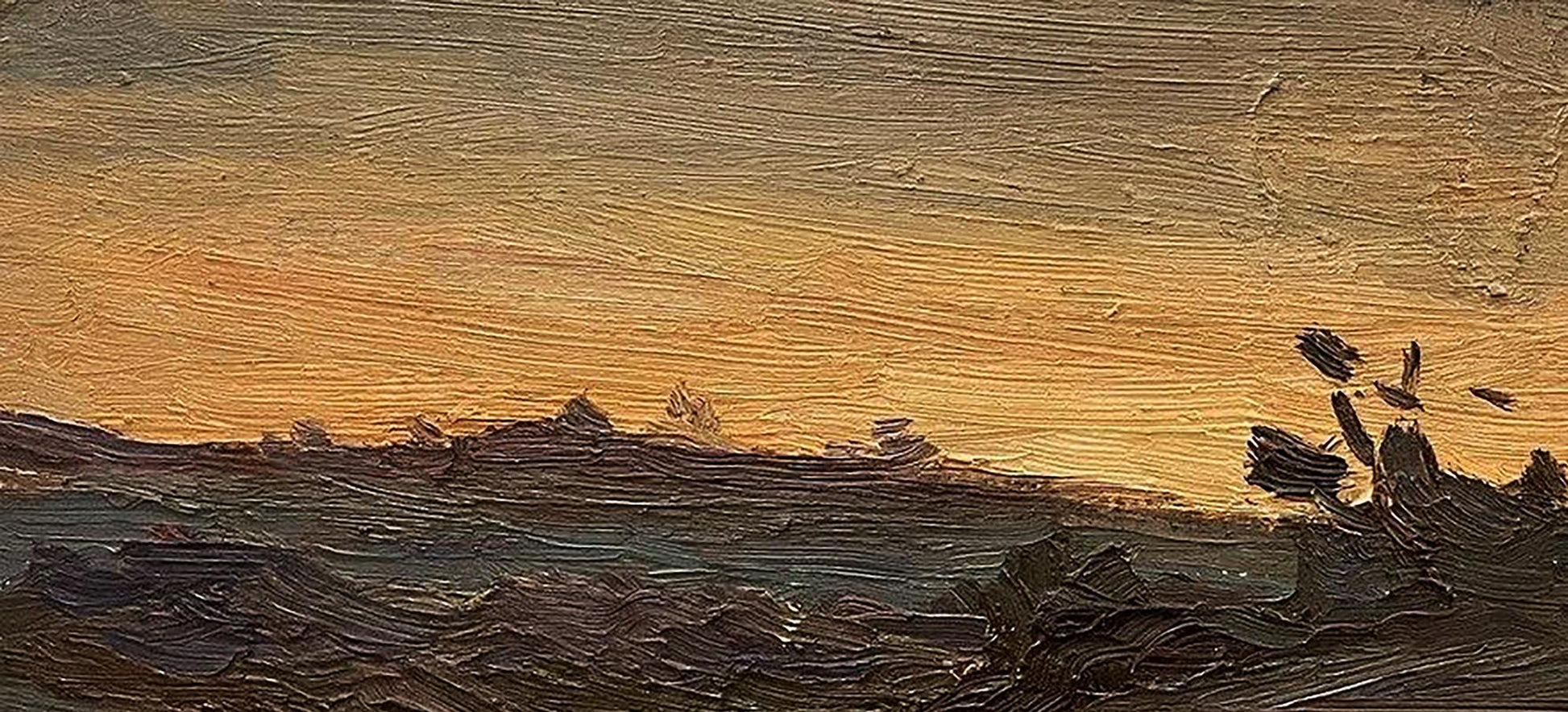 Oil painting In the West by Oleg Kravets: sunset over rugged terrain with birds