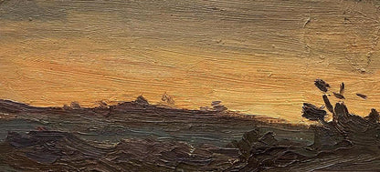 Oil painting In the West by Oleg Kravets: sunset over rugged terrain with birds