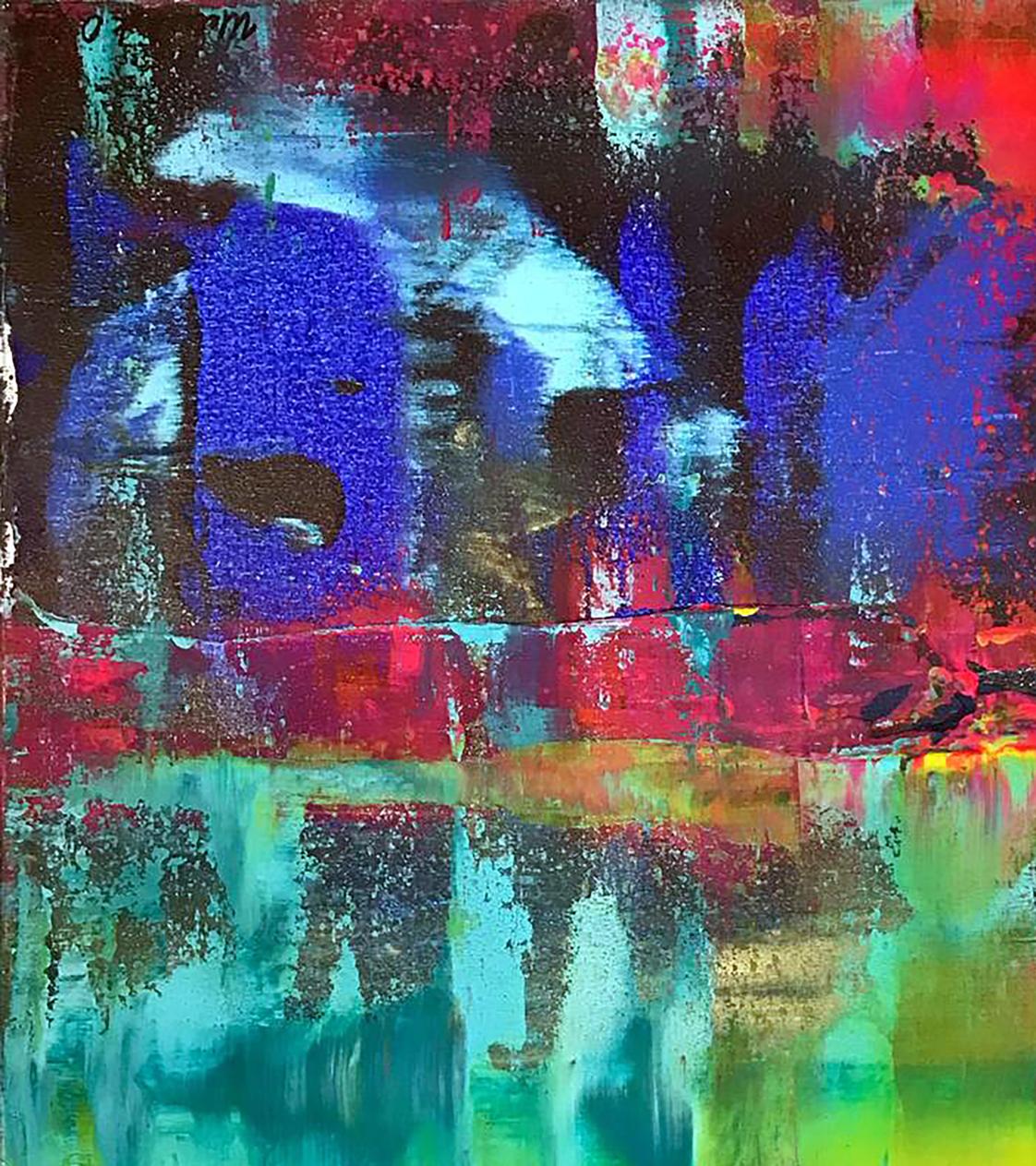 Vibrant acrylic painting Magic wand by Olga Melezhik with bold blue red teal strokes