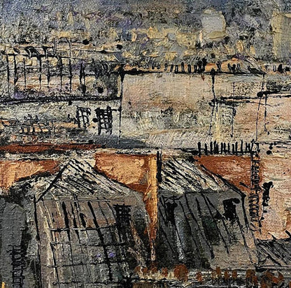 Oil painting Life in the City by Serhiy Kovalev, abstract textured grays and ochres