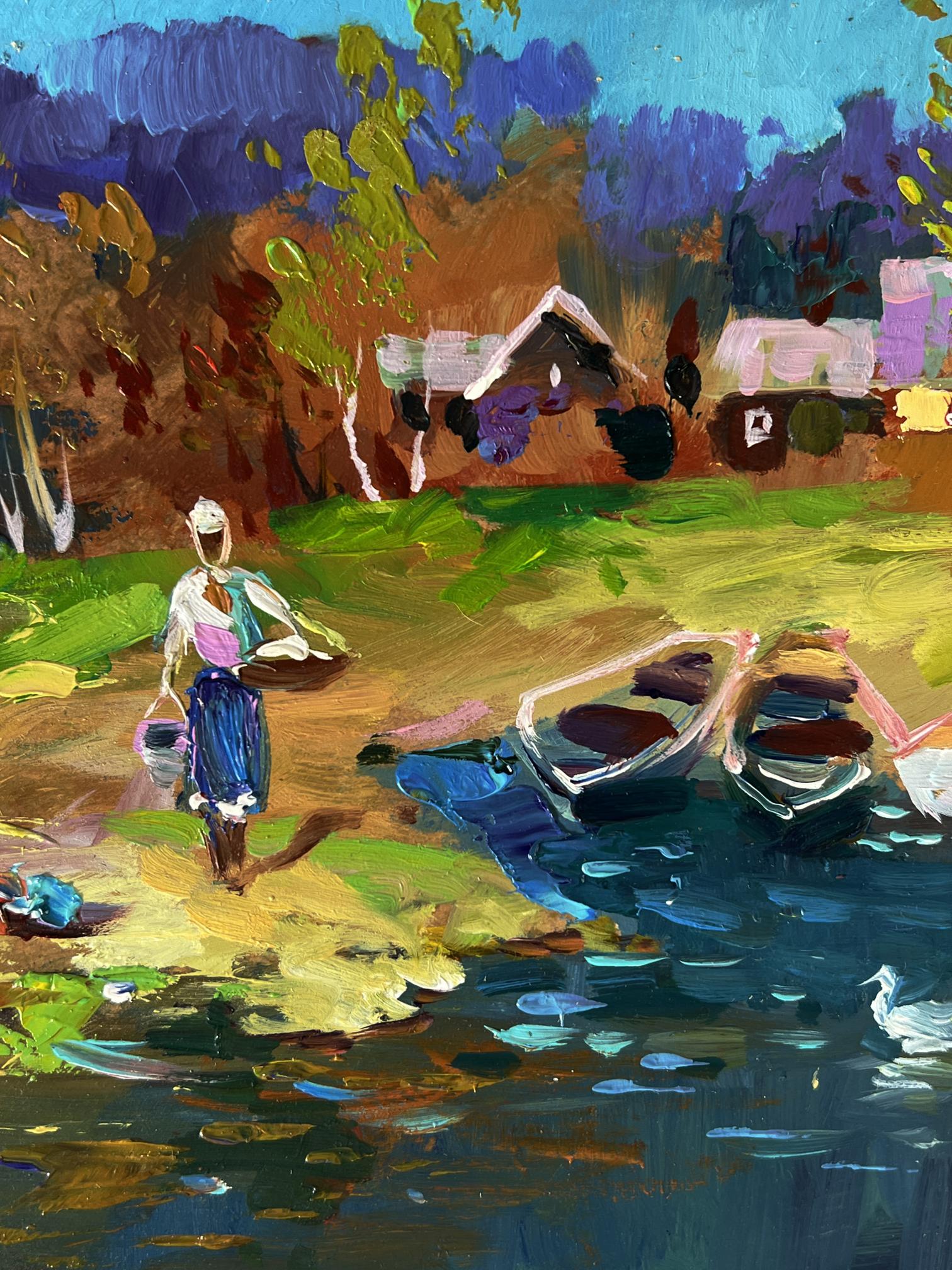 Vibrant impressionist oil painting by Yuriy Suprunchuk of woman in blue skirt near river boats and geese