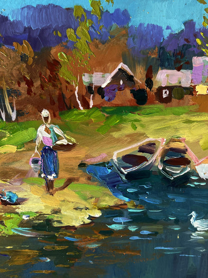 Vibrant impressionist oil painting by Yuriy Suprunchuk of woman in blue skirt near river boats and geese