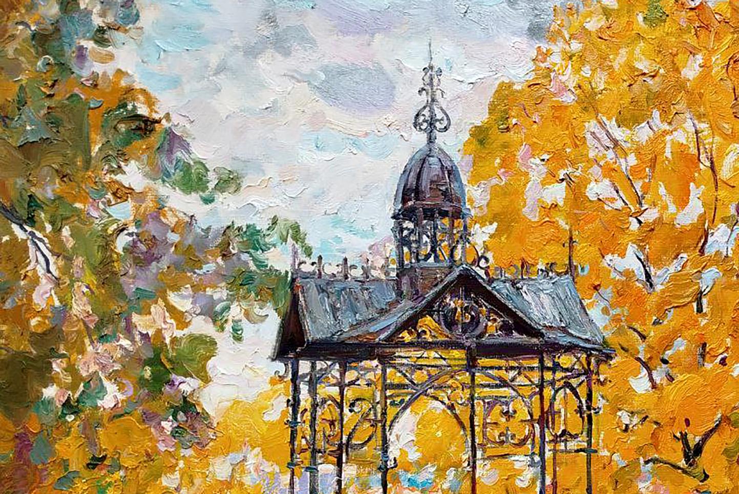 Oil painting of autumn gazebo by Leonid Pavlenko