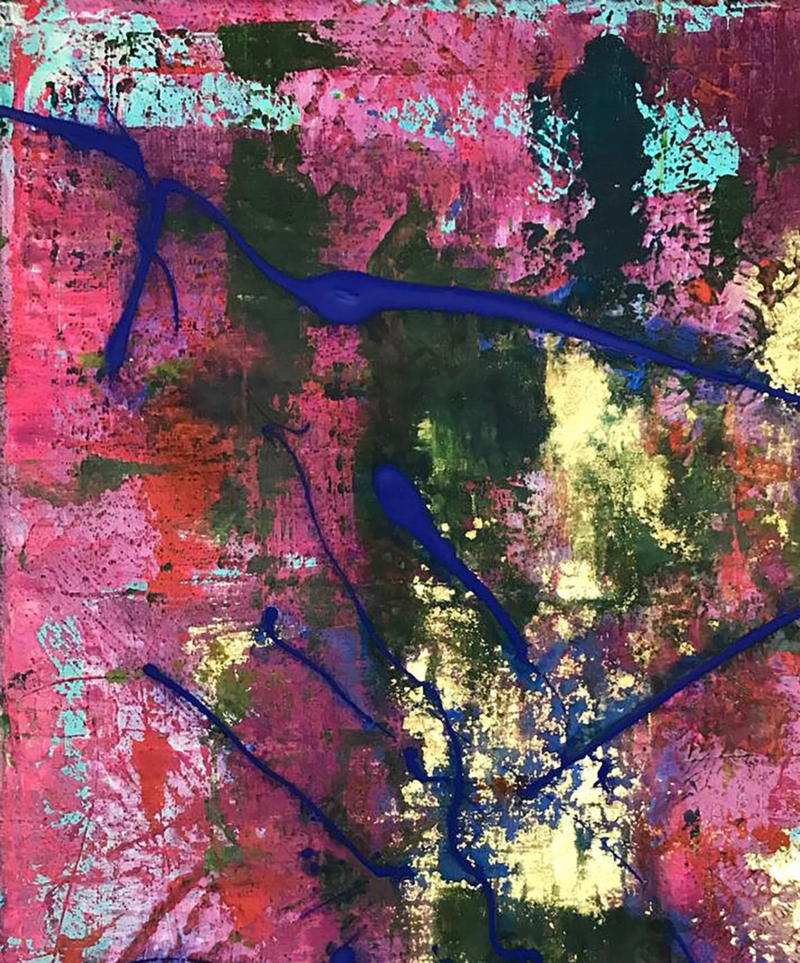 Vibrant acrylic painting Delight by Olga Melezhik with pink, teal, blue splashes