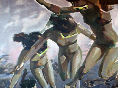 Oil painting Bounce Ed Potapenkov with 3 figures in motion, bold strokes, earth tones, neon green
