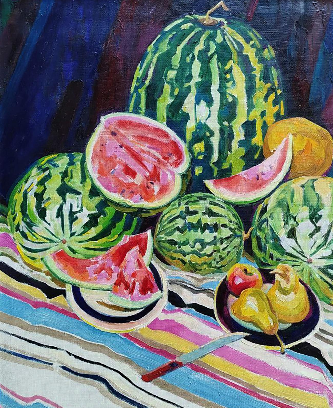 Oil painting by Leonid Pavlenko: vibrant green watermelon with yellow stripes, cut open