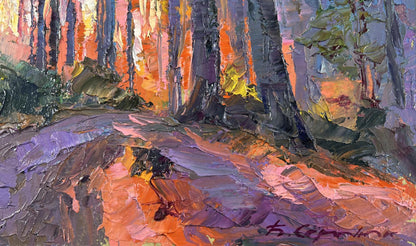 Vibrant impressionist oil painting of summer morning sunrise in forest by Boris Serdyuk