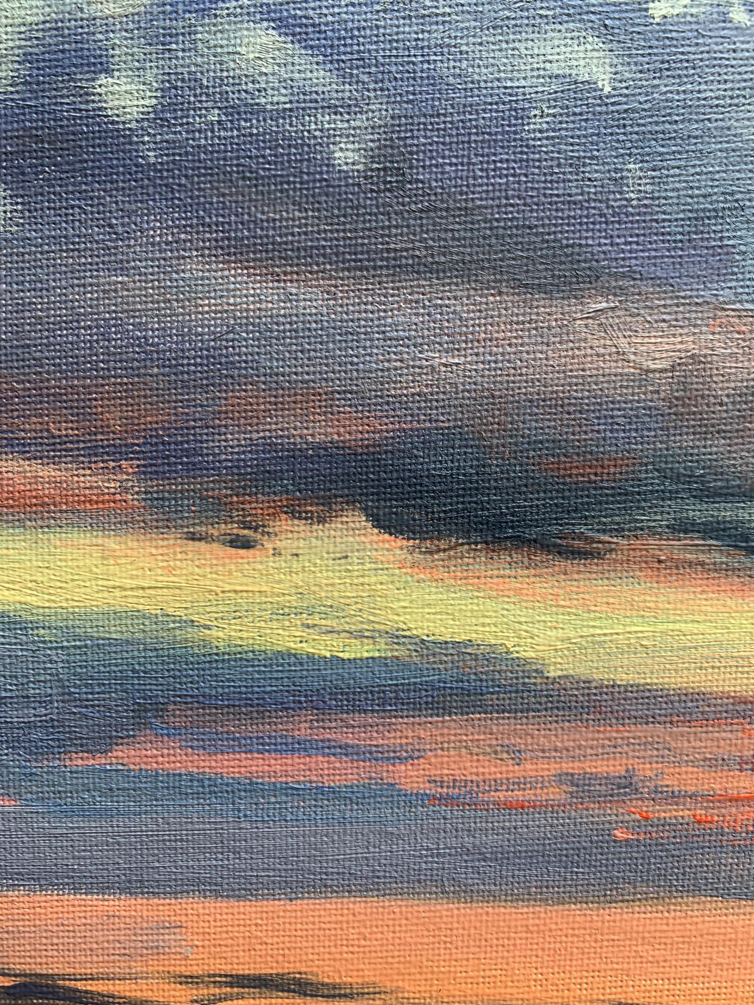 Oil painting Sunset at sea by Tatyana Derdey with textured blues oranges yellows