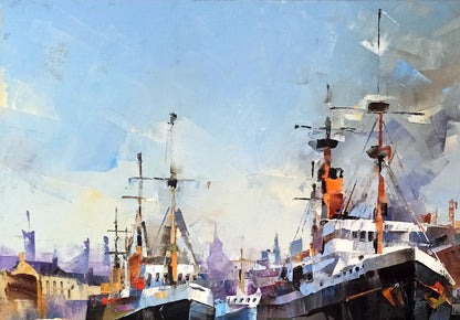 Oil painting Morning bustle by Volodymyr Gluhomanyuk: vibrant dockside ships