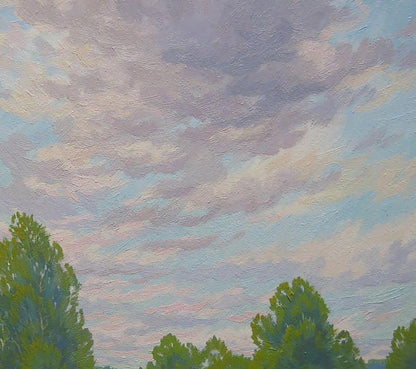 Oil painting Summer nature by Valery Savenets: lavender sky over green trees