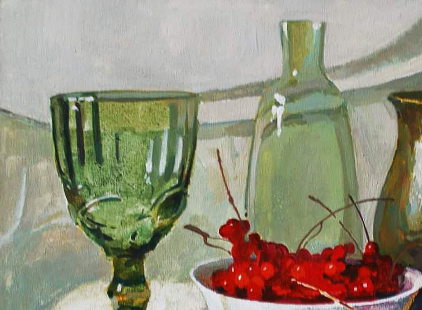 Oil painting still life with viburnum featuring green textured glass goblet by Anastasia Yaroshevich