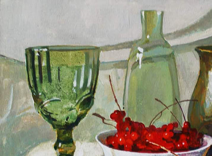 Oil painting still life with viburnum featuring green textured glass goblet by Anastasia Yaroshevich