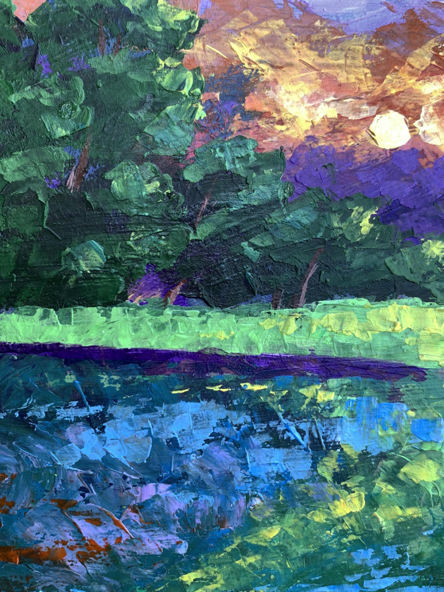 Vibrant impressionist oil painting Sunset behind the trees by V. Zadorozhnya