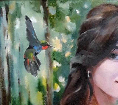 Vibrant iridescent hummingbird hovering in oil painting by Vasily Korkishko