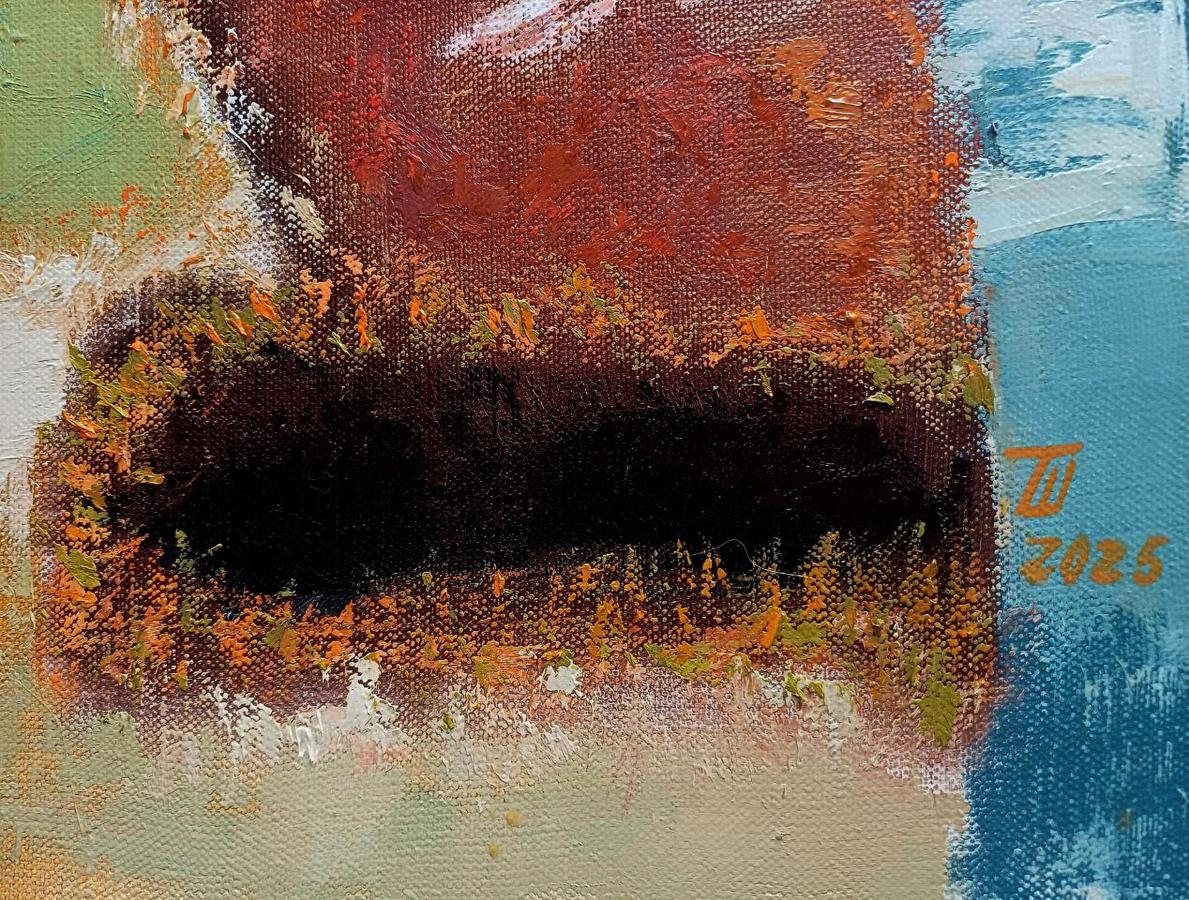 Oil painting The Copenhagen Mystery by Tatyana Shulyak, abstract reds on teal