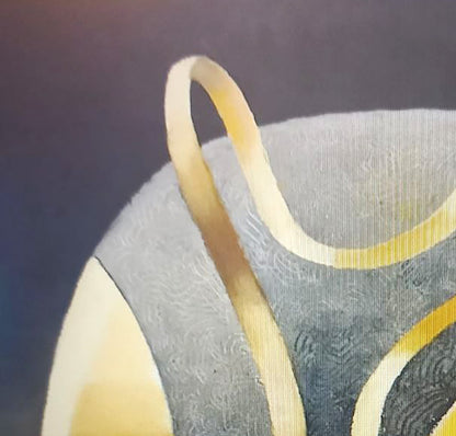 Sleek gold curved handle on textured gray shoulder of Alexander Strashevich oil painting form with ribbon
