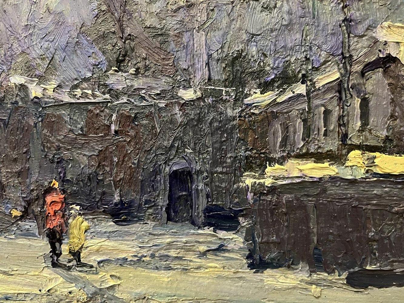 Impressionistic oil painting by Volodymyr Pashchenko of snowy winter village street