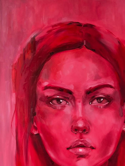 Oil painting Doubt by Victoria Kagalovska, vivid red portrait of intense-eyed woman
