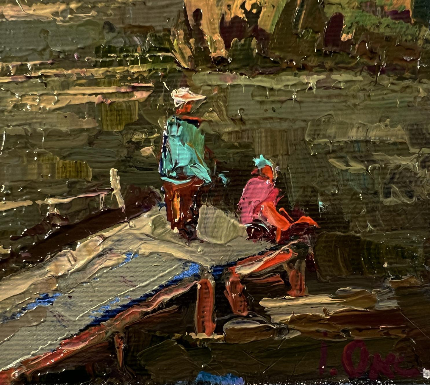 Oil painting At the autumn shore by Oksana Ivanyuk on wooden dock