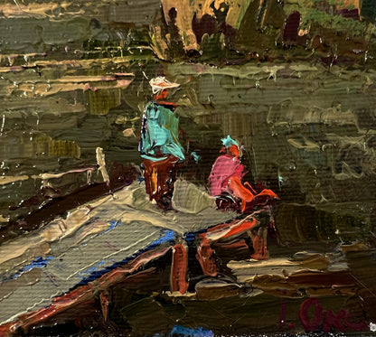 Oil painting At the autumn shore by Oksana Ivanyuk on wooden dock