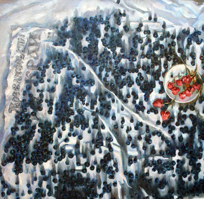 Oil painting of white ceramic bowl with gold rim and red berries by Leonid Pavlenko