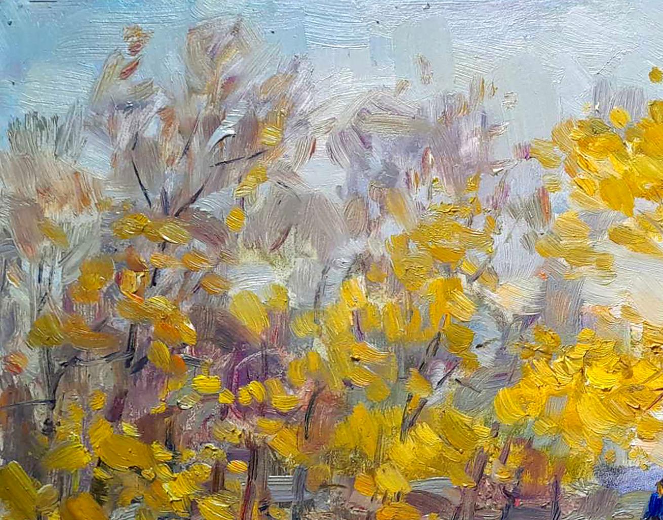 Vibrant Oi painting On Fallen Leaves by Ivan Kovalenko, autumn trees in yellow