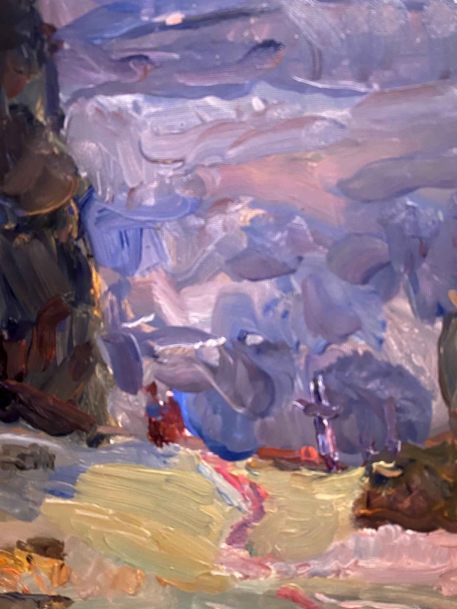 Oil painting Near the sea by Leonid Chernov with swirling blues over earthy tones