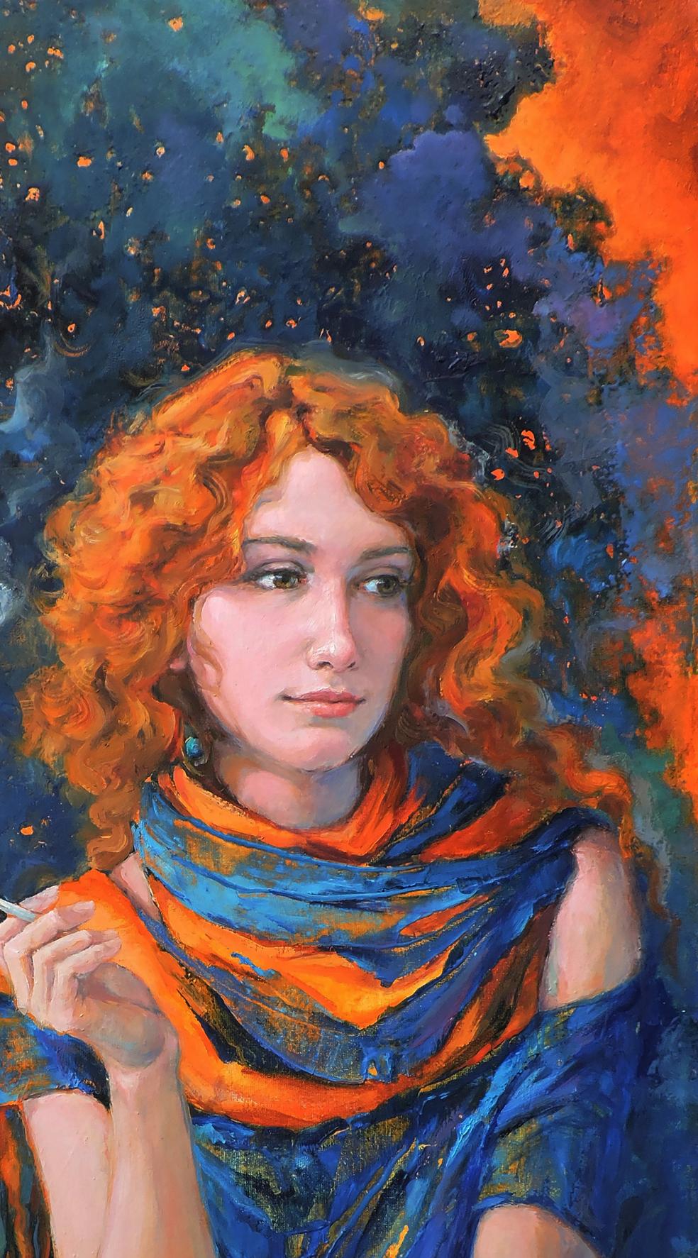 Oil painting Relaxing portrait of girl with orange curls by Oksana Osnach