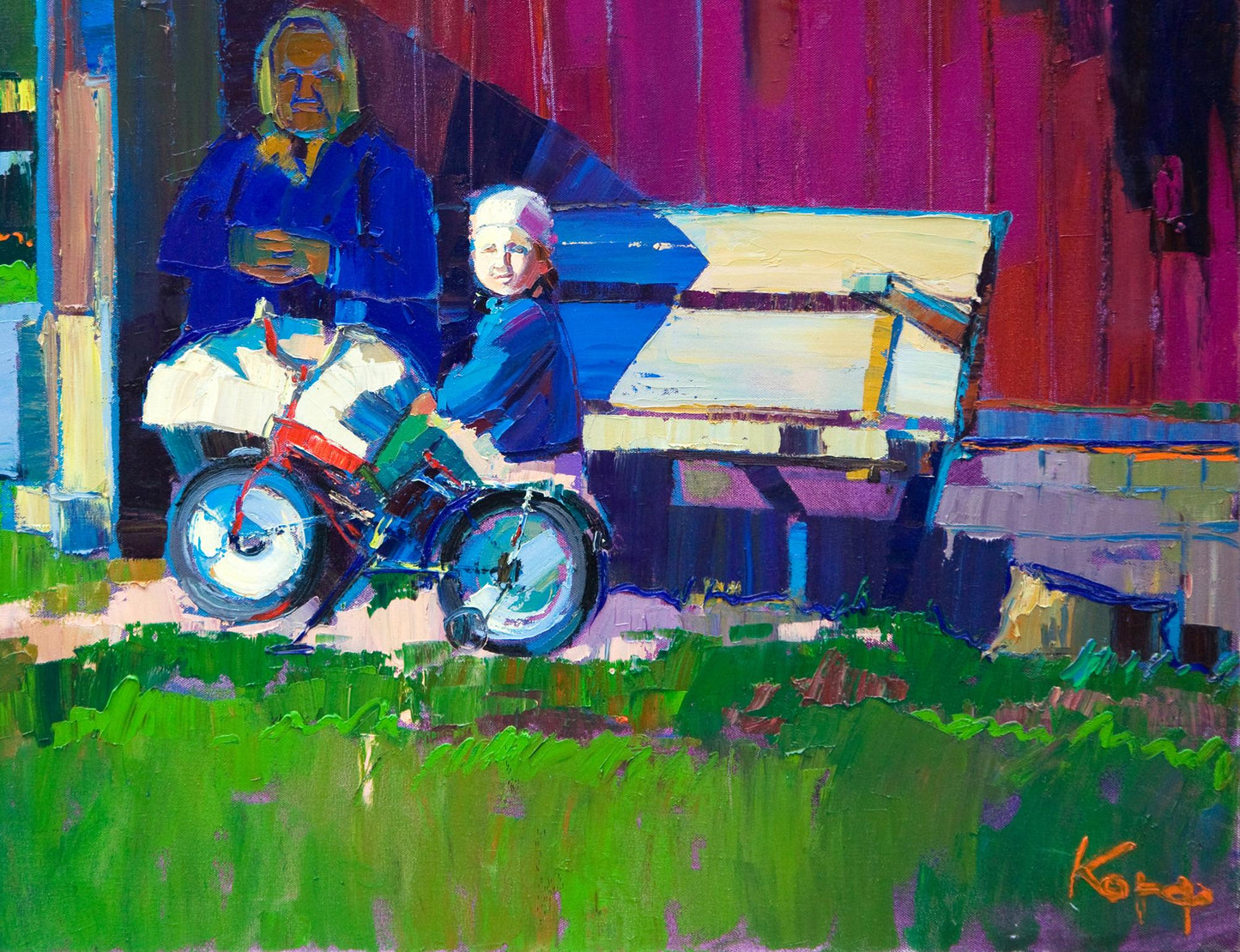 Oil painting Visiting the village by Natalia Korf-Ivaniuk: elderly woman and child on bench by barn