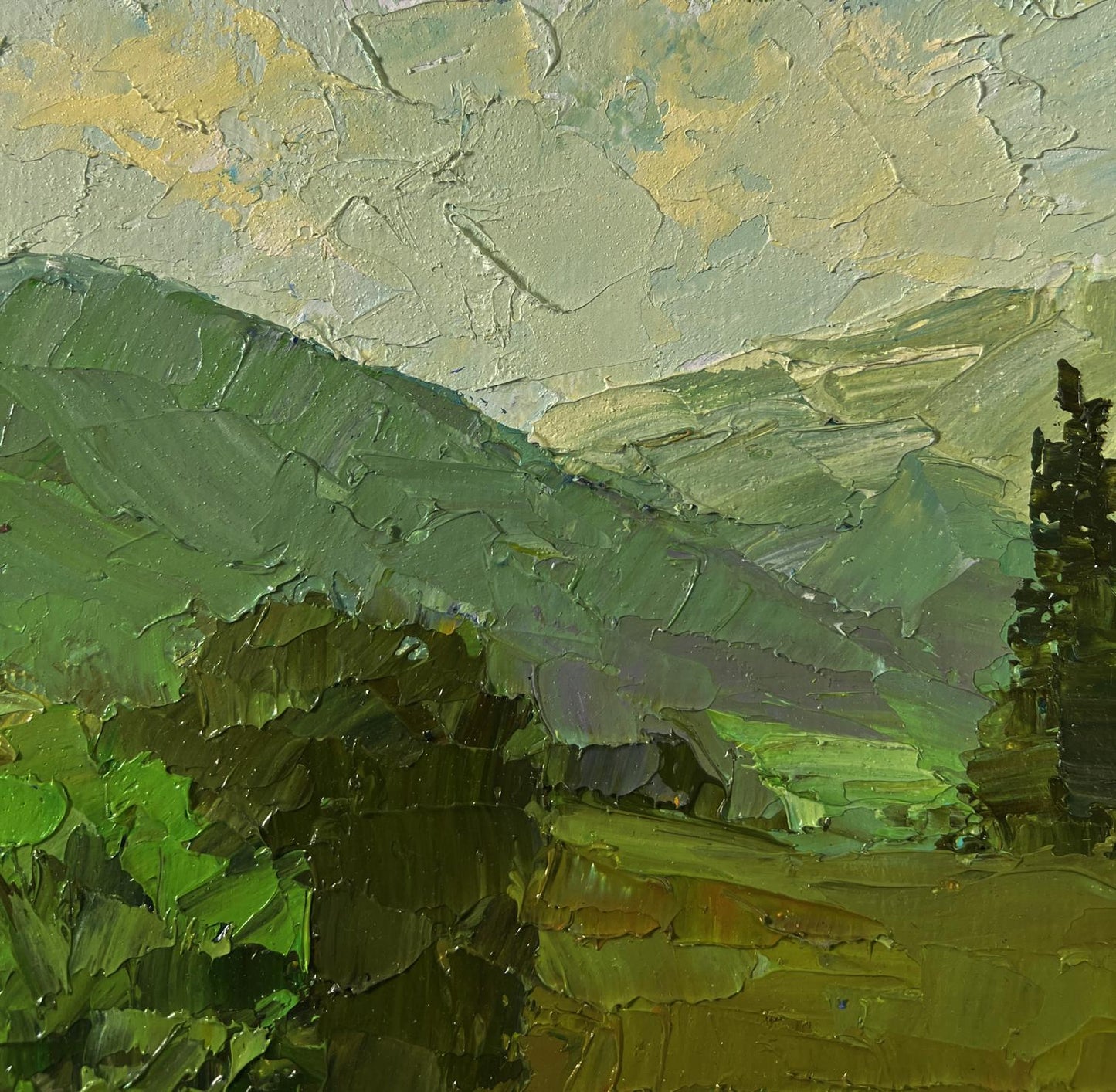 Textured impressionist oil painting of Boris Serdyuk rolling green hills